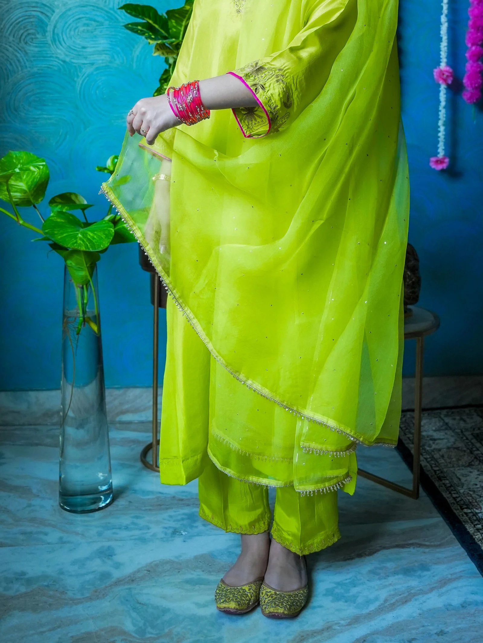 green embroidered suit